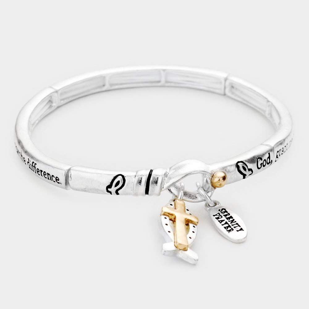• Serenity Prayer Cross Ichthus Charm Metal Message Stretch Bracelet